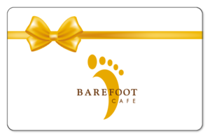 Barefoot Cafe logo on a white background with yellow ribbon depicting a gift.